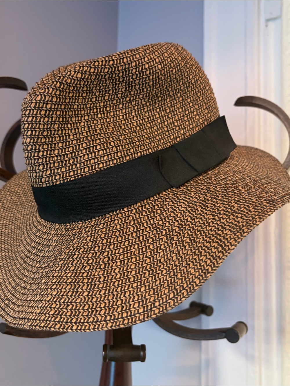 Woven Straw Fedora Hat with Black Band - Women's Sun Hat
